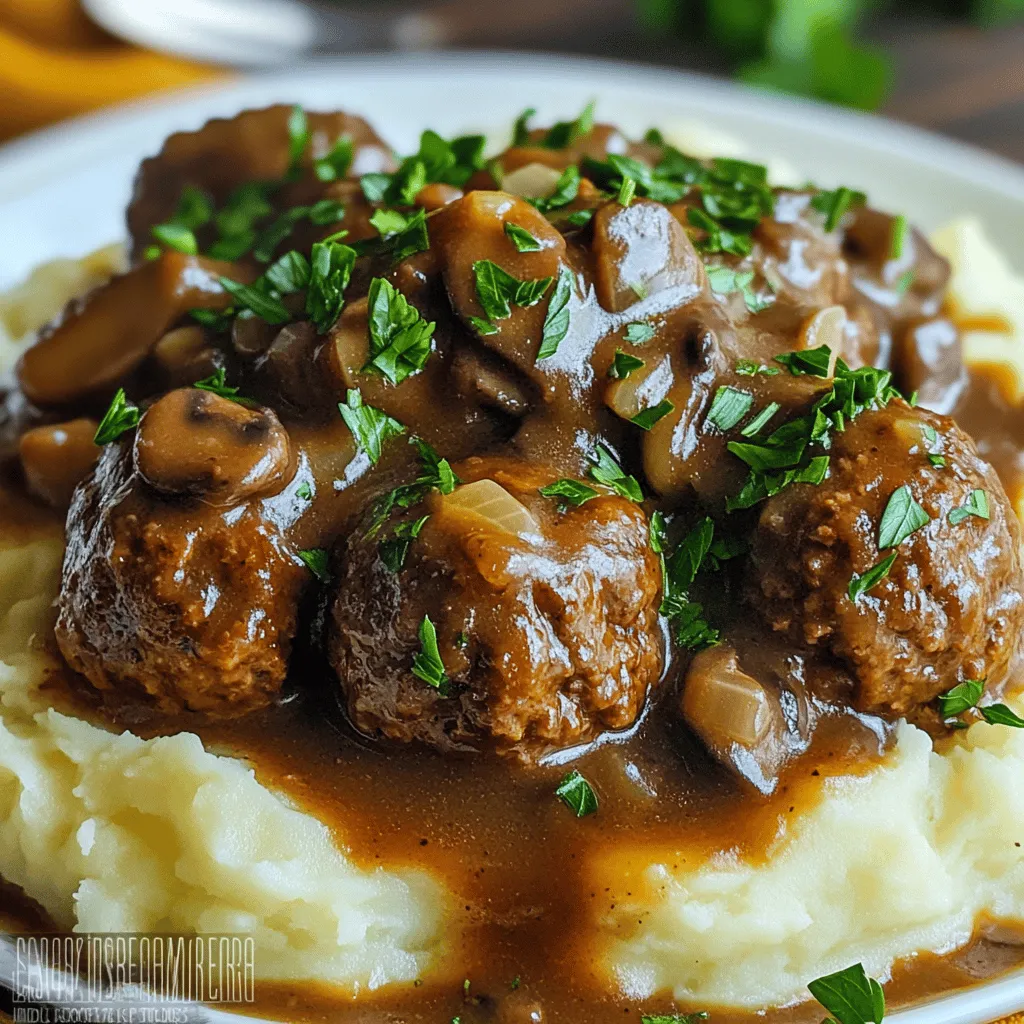 - 1 lb ground beef - ½ lb ground pork - 1 cup breadcrumbs - 1 small onion, finely chopped - 1 garlic clove, minced - 1 large egg - 2 teaspoons Worcestershire sauce - 1 teaspoon Dijon mustard - Salt and pepper to taste - 1 tablespoon olive oil - 2 cups beef broth - 1 cup mushrooms, sliced - 2 tablespoons cornstarch (optional, for thickening) - Fresh parsley, chopped (for garnish)
