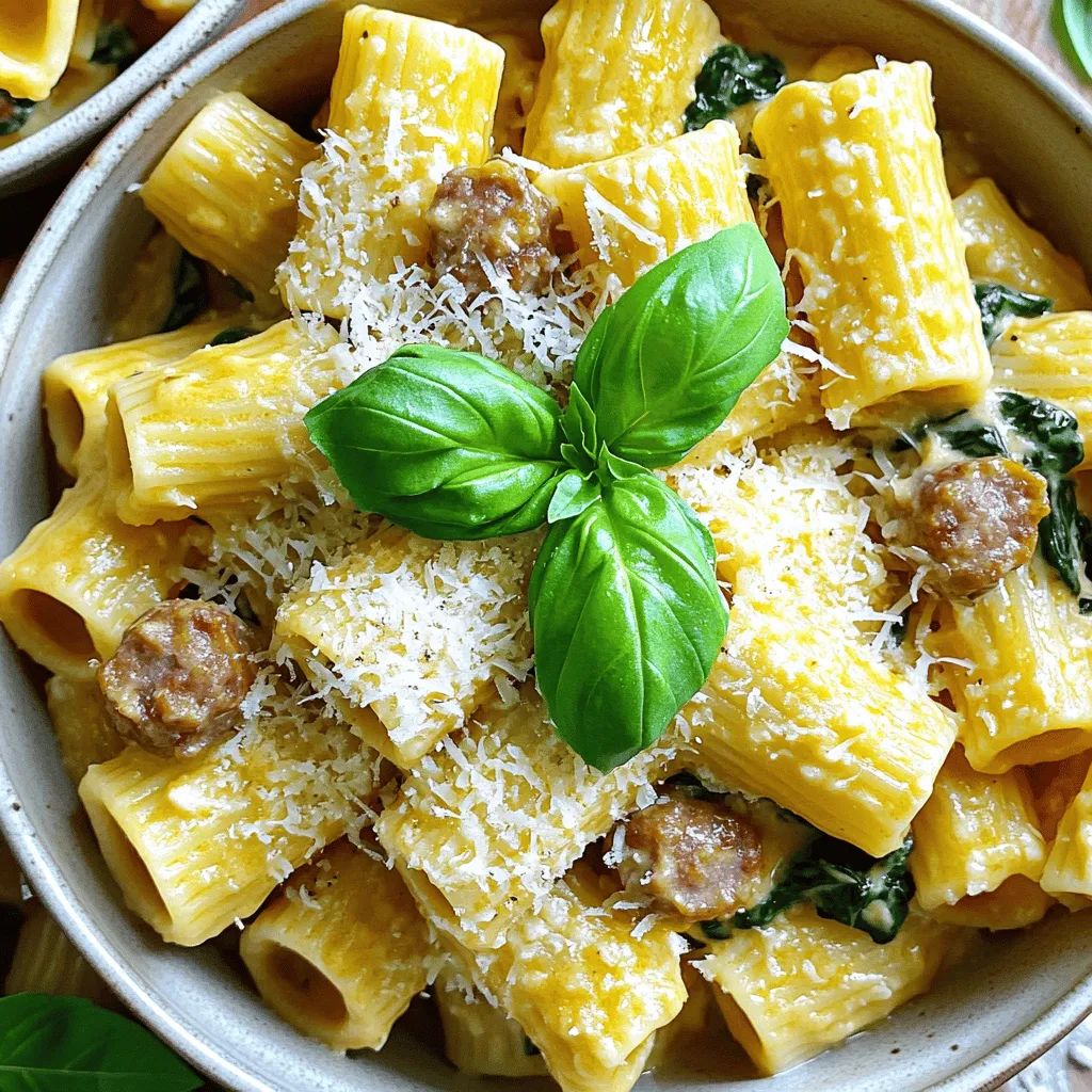 - 12 oz rigatoni pasta - 1 lb Italian sausage (mild or spicy, your choice) - 1 medium onion, diced - 3 cloves garlic, minced - 1 cup heavy cream - 1 cup chicken broth - 1 cup fresh spinach, chopped - 1 cup grated Parmesan cheese (plus extra for serving) - 1 teaspoon Italian seasoning - Salt and pepper to taste - 2 tablespoons olive oil - Fresh basil leaves for garnish