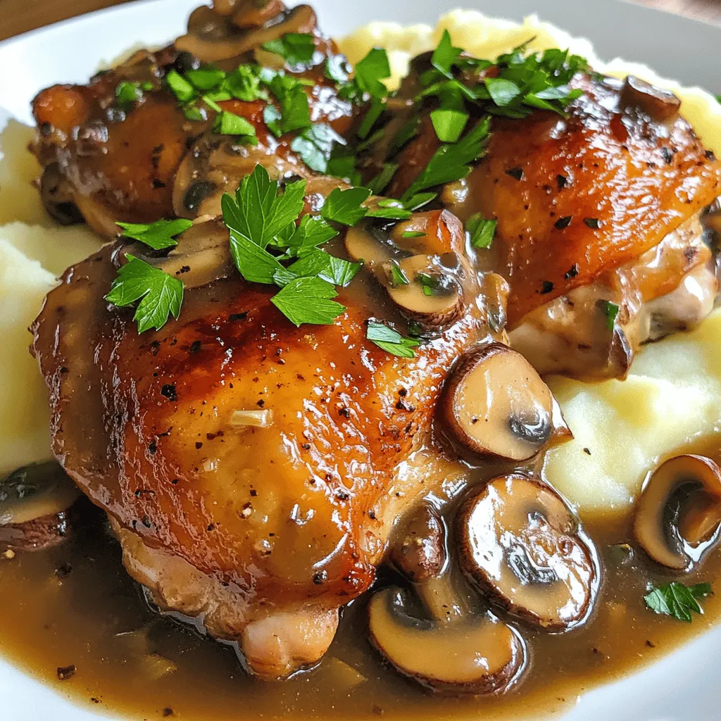 To make this delicious Mushroom Chicken, gather these ingredients: - 4 boneless, skinless chicken thighs - 2 cups mixed mushrooms (shiitake, cremini, and button), sliced - 1 medium onion, finely chopped - 3 cloves garlic, minced - 1 cup chicken broth - 1 tablespoon soy sauce - 1 tablespoon balsamic vinegar - 1 teaspoon fresh thyme leaves (or ½ teaspoon dried thyme) - 2 tablespoons olive oil - Salt and pepper to taste - Fresh parsley, chopped (for garnish)
