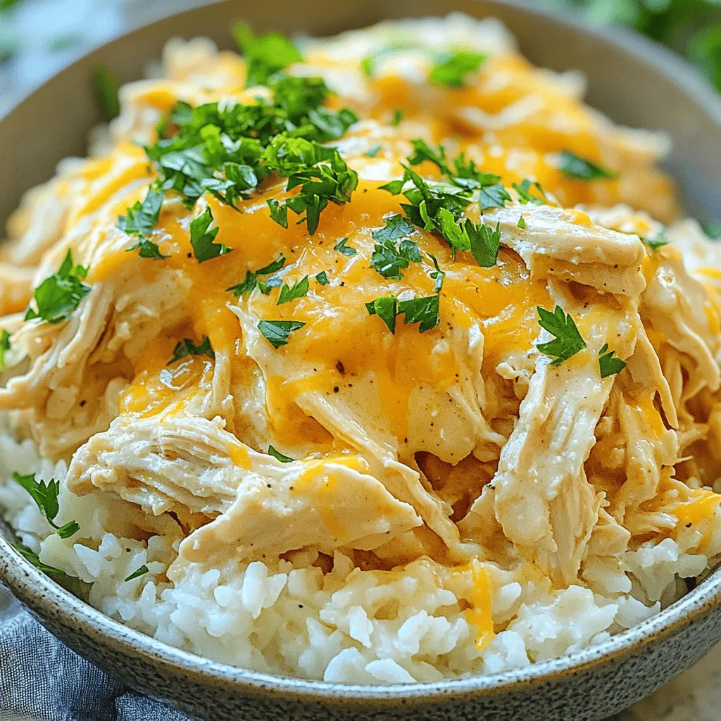 - 4 boneless, skinless chicken breasts - 1 packet (1 oz) dry ranch dressing mix - 1 can (10.5 oz) cream of chicken soup - 1 cup sour cream - 1 cup shredded cheddar cheese