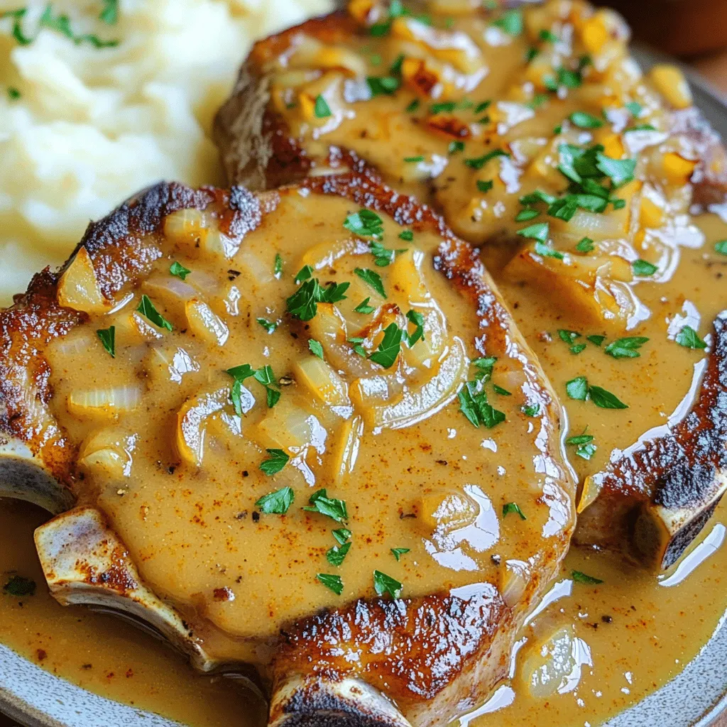 For delicious smothered pork chops, you need the following ingredients: - 4 bone-in pork chops, about 1-inch thick - Salt and pepper, to taste - 2 tablespoons olive oil - 1 medium onion, sliced - 3 cloves garlic, minced - 1 cup chicken broth - 1 cup heavy cream - 1 tablespoon Dijon mustard - 1 teaspoon smoked paprika - ½ teaspoon dried thyme - ½ teaspoon black pepper - ¼ teaspoon cayenne pepper (optional, for heat) - Fresh parsley, chopped, for garnish