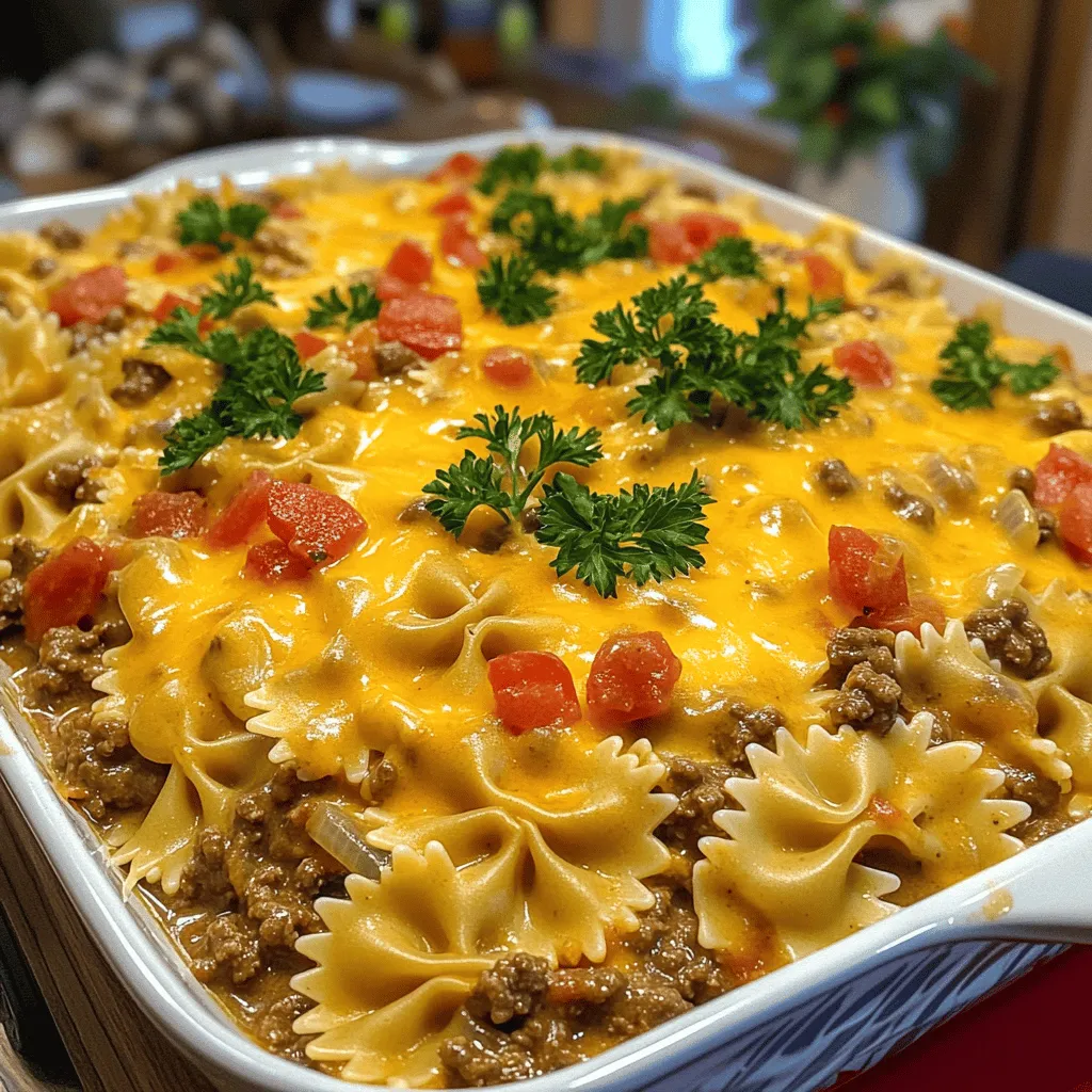 - 12 oz bowtie pasta - 1 lb ground beef - 1 medium onion, diced - 2 cloves garlic, minced - 1 cup diced tomatoes (canned or fresh) - 1 cup beef broth - 1 cup shredded cheddar cheese - 1/2 cup cream cheese, softened - 1 tablespoon Italian seasoning - Salt and pepper to taste - 2 tablespoons olive oil - Fresh parsley, chopped (for garnish)