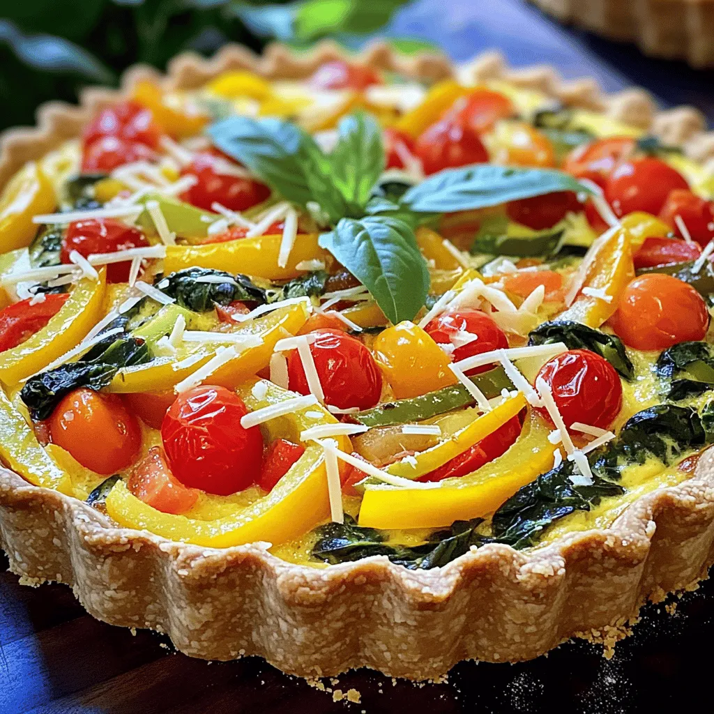- 1 pre-made pie crust (9-inch) - 1 cup fresh spinach, chopped - 1/2 cup bell peppers (red, yellow, or green), diced - 1/2 cup cherry tomatoes, halved - 1/4 cup red onion, finely chopped - 1 cup shredded cheddar cheese (or a cheese of your choice) - 4 large eggs - 1 cup heavy cream - 1 teaspoon dried thyme - 1/2 teaspoon garlic powder - Salt and pepper to taste - Fresh basil leaves for garnish (optional)