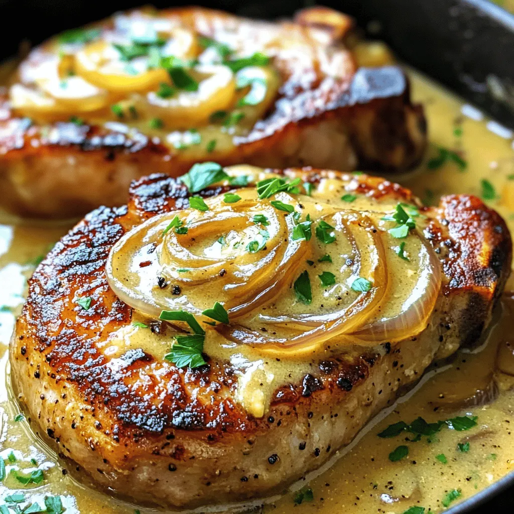 For this dish, you need a few key items: - 4 boneless pork chops (about 1 inch thick) - 1 teaspoon garlic powder - 1 teaspoon onion powder - 1 teaspoon paprika - Salt and pepper to taste - 2 tablespoons olive oil - 1 medium onion, thinly sliced - 2 cloves garlic, minced - 1 cup chicken broth - 1 cup heavy cream - 1 tablespoon Dijon mustard - 1 teaspoon dried thyme - Fresh parsley, chopped (for garnish)
