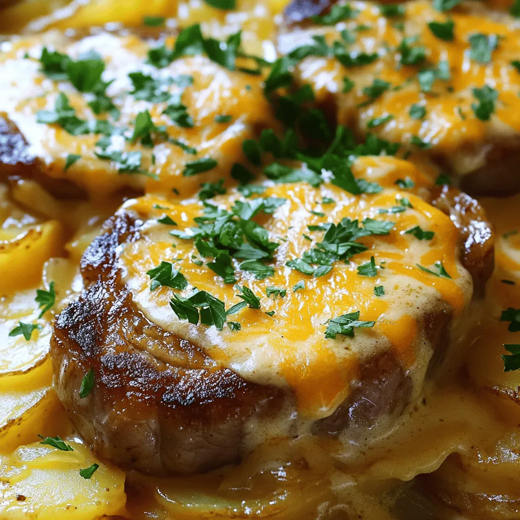 - 4 bone-in pork chops - 2 cups sliced yellow potatoes - 1 onion, thinly sliced