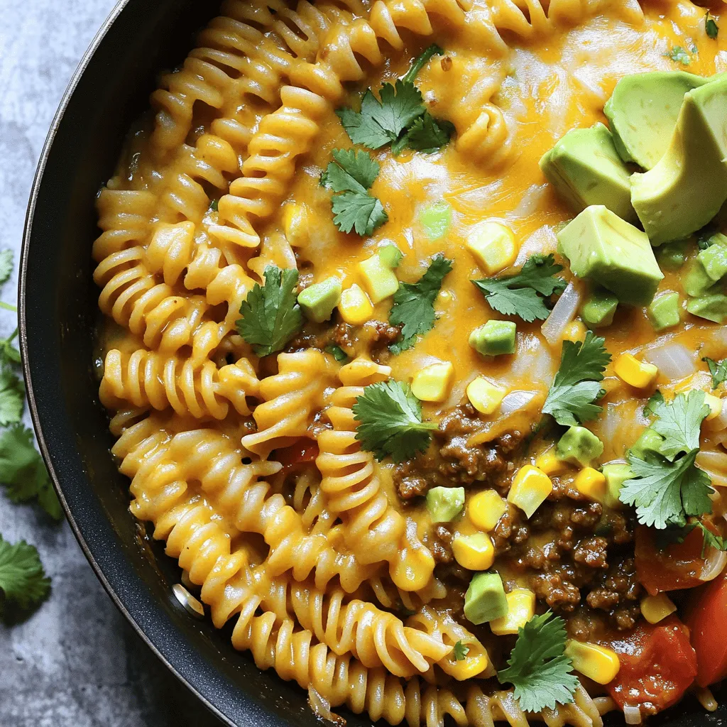 When making One-Pan Cheesy Taco Pasta, you need fresh and flavorful ingredients. Here is the list of what you will need: