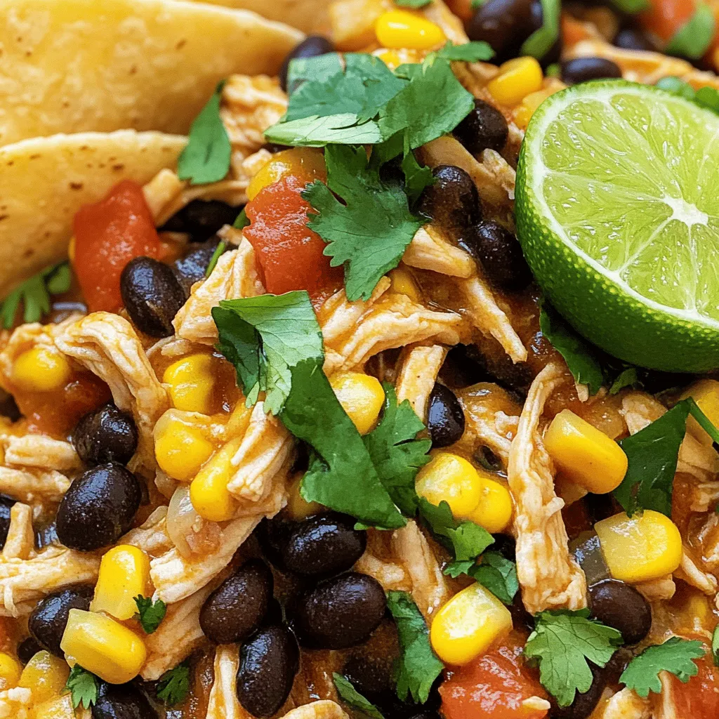 - 2 pounds boneless, skinless chicken breasts - 1 can (15 oz) black beans, rinsed and drained - 1 can (15 oz) corn, drained - 1 can (10 oz) diced tomatoes with green chilies - 1 medium onion, diced - 2 cloves garlic, minced